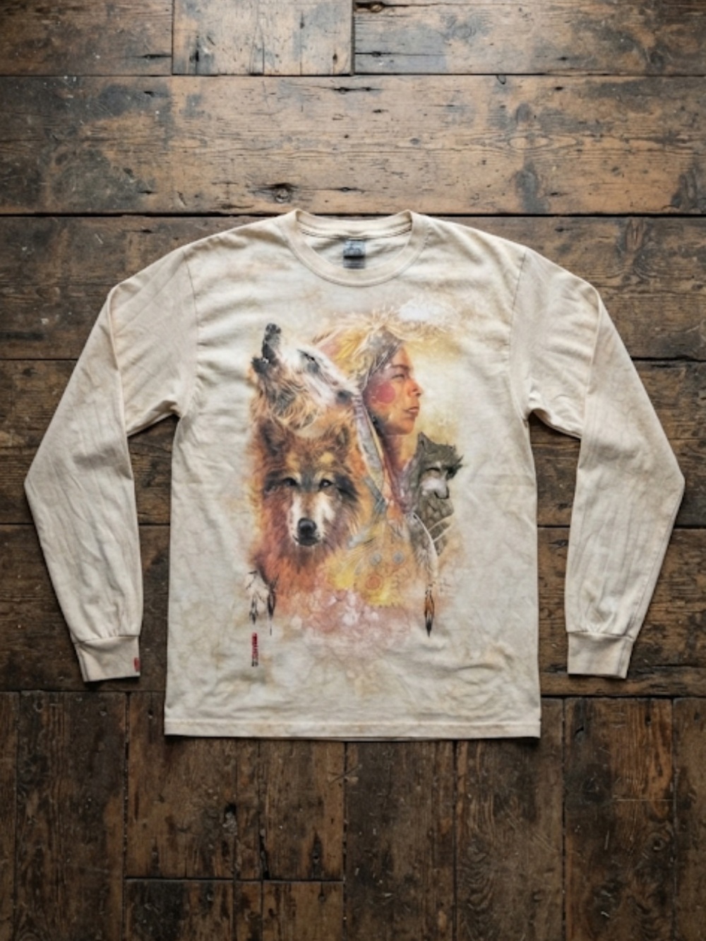 Native American and Wolf Graphic Long Sleeve Shirt